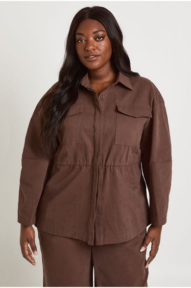Plus Twill Collared Cinched Shirt - chocolate