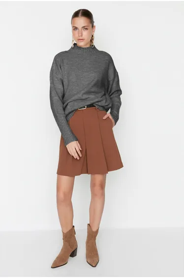 Anthracite Wide Pattern Soft Texture Basic Knitwear Sweater