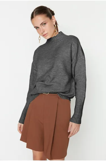 Anthracite Wide Pattern Soft Texture Basic Knitwear Sweater