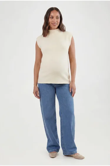 Maternity Soft Knit Funnel Neck Top - stone