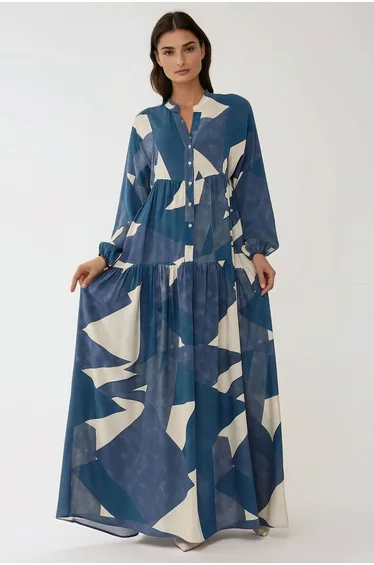Printed Long Sleeve Viscose Maxi Dress