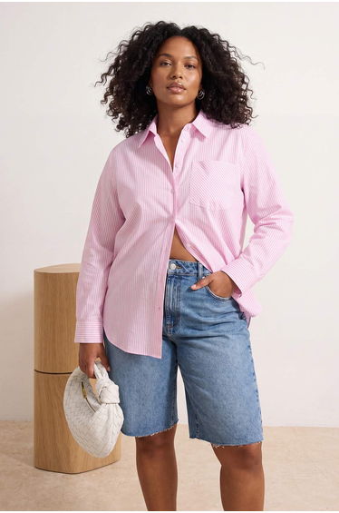 Pink Striped Padded Detailed Plus Size Shirt