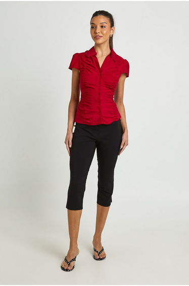 Ruched Short Sleeve Shirt - red