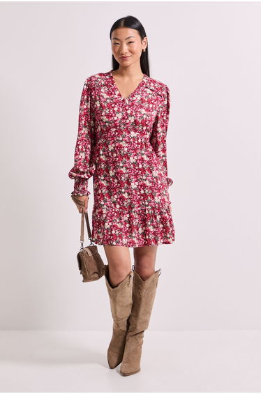 Petite Frill Detail Tiered Smock Printed Mini Dress