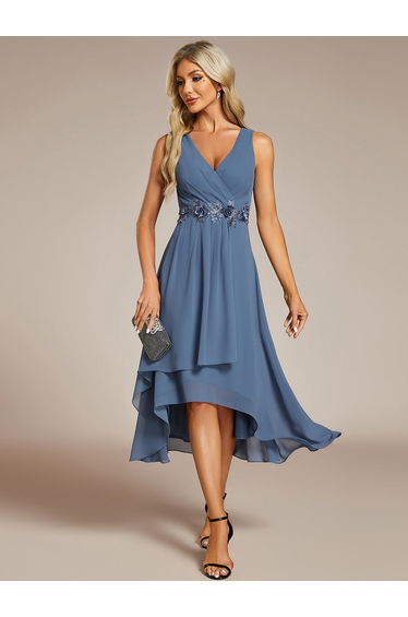 ever IRYS|Sleeveless V-Neck High Low Wedding Guest Dress with Floral Applique