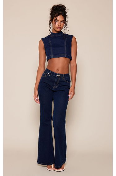 Indigo High Neck Extended Shoulder Cropped Denim Top