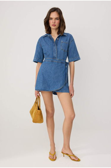Blue Shirt Collar Denim Jumpsuit