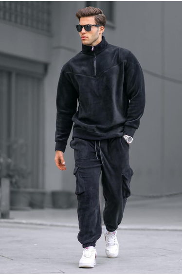 Men's Black Zipper Collar Fleece Tracksuit