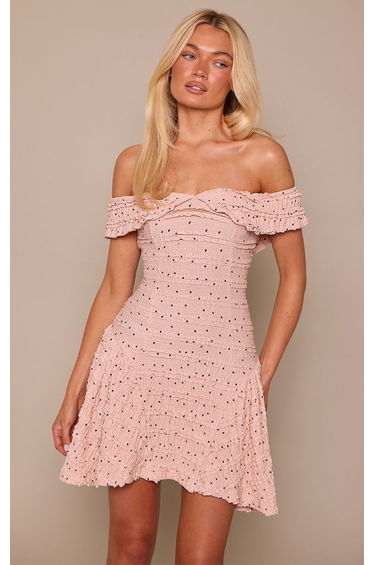 Baby Pink Polka Dot Textured Bardot Shift Dress