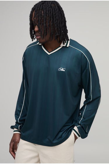 Tall Oversized Man Embroidered Piped Long Sleeve Football Top - forest