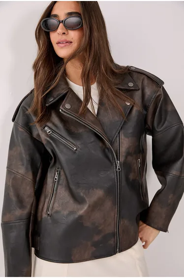 Two Tone Faux Leather Biker Jacket