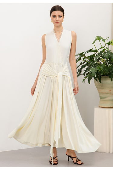 Faux Wrap Draped Sash Sleeveless Maxi Dress in Cream for Wedding Guest Events & Evening Galas