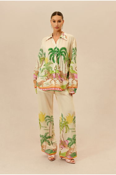 Vacation Mode Multi Tropical Print Long Sleeve Shirt & Wide Leg Pants Set