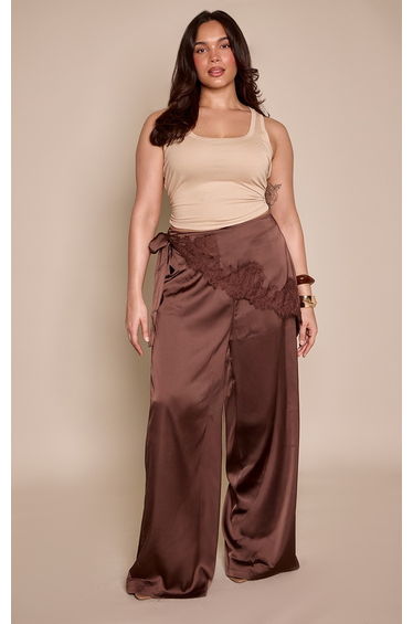 Plus Chocolate Satin Scarf Wide Leg Trousers
