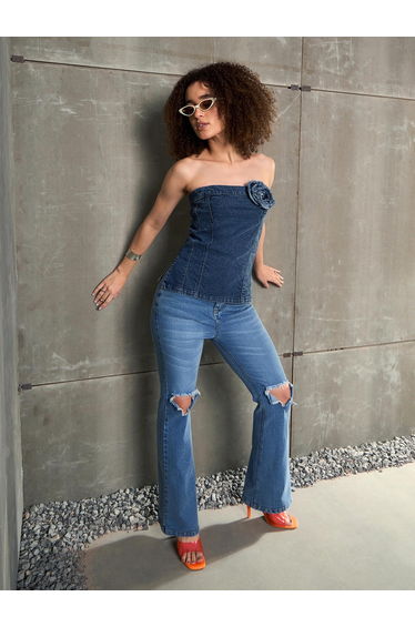 Blue Knee Cut Bell Bottom Jeans