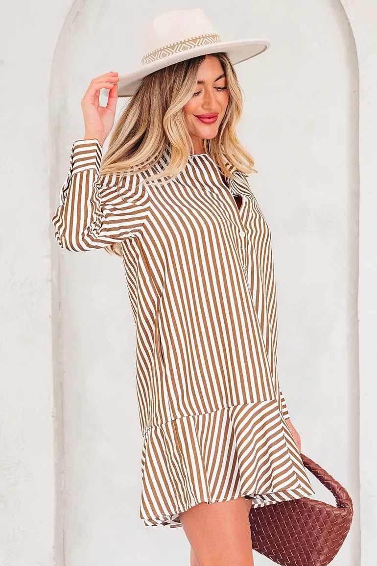 Lvness Brown Stripe Ruffled Hem Collared Long Sleeve Shirt Mini Dress - 2