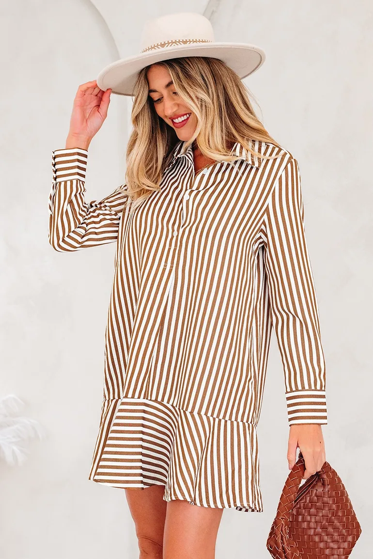 Lvness Brown Stripe Ruffled Hem Collared Long Sleeve Shirt Mini Dress - 3