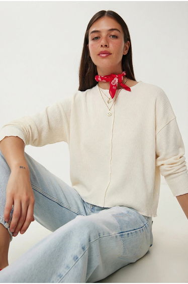 ISTANBUL Ribbed Crew Neck Long Sleeve Blouse