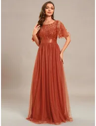 Sequin Print Maxi Evening Dresses with Cap Sleeves - 3