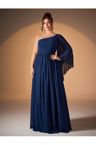 Leely Plus Women's Elegant One Shoulder Flare Sleeve Party Dresses