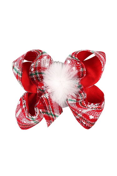 Fuzzy Pom-Pom Plaid Bowknot Hair Clip