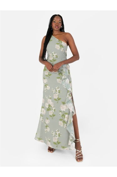 Anaya With Love Recycled Floral One Shoulder Waterfall Ruffle Floor Length Dress
