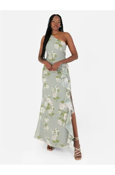 Anaya With Love Recycled Floral One Shoulder Waterfall Ruffle Floor Length Dress
