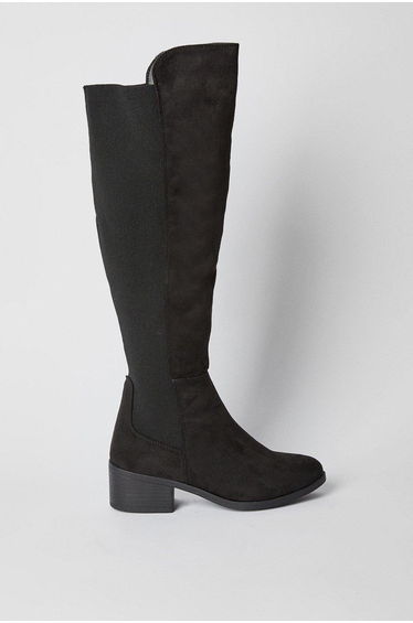 Wide Fit Hannah Elastic Back Low Heel Almond Toe Knee Boots
