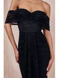 Aries | Black Lace Bardot-Neck Maxi Dress With Gathered Detailing - 5