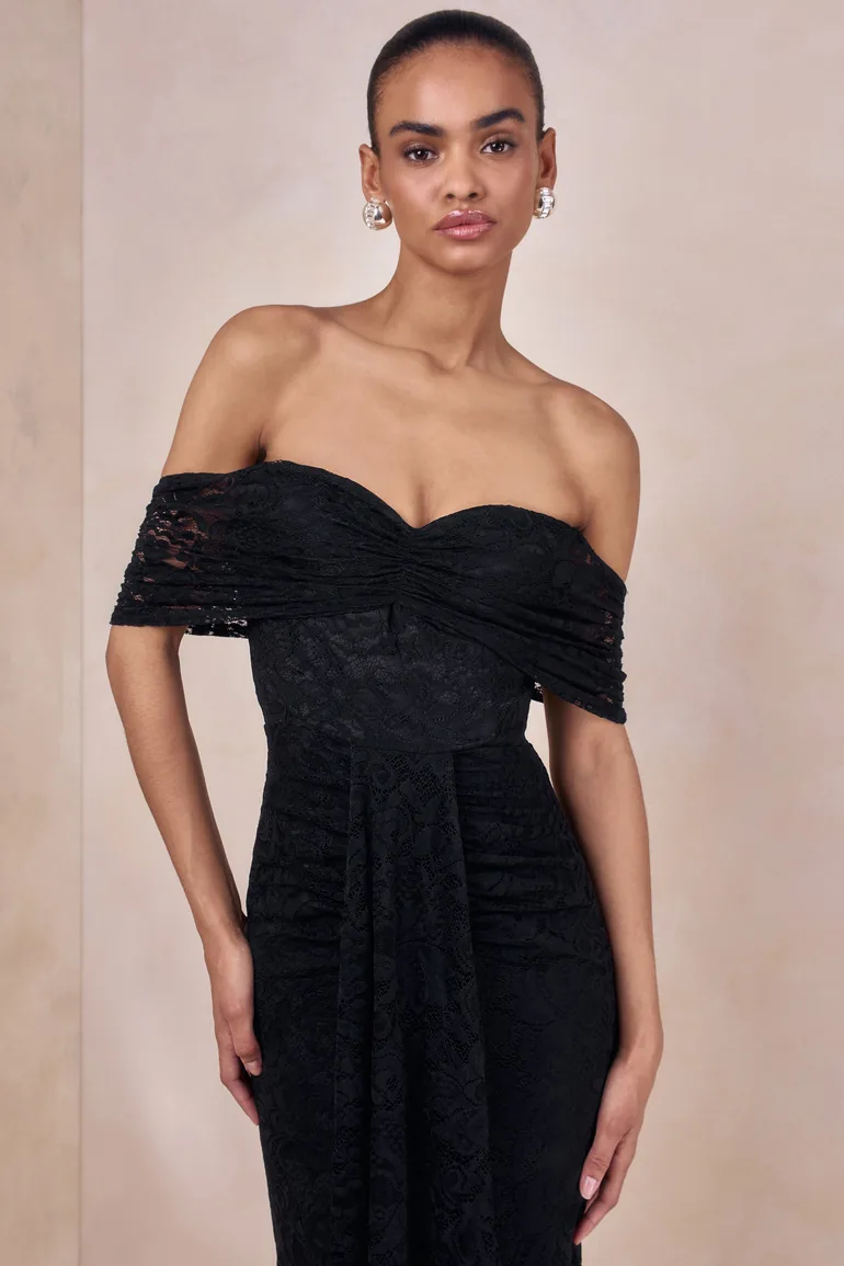 Aries | Black Lace Bardot-Neck Maxi Dress With Gathered Detailing - 2