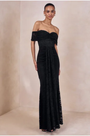 Aries | Black Lace Bardot-Neck Maxi Dress With Gathered Detailing