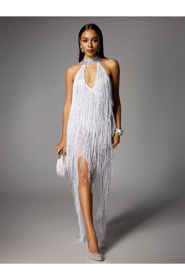 Elvrik Halterneck Fringe Cutout Split Maxi Dress In White
