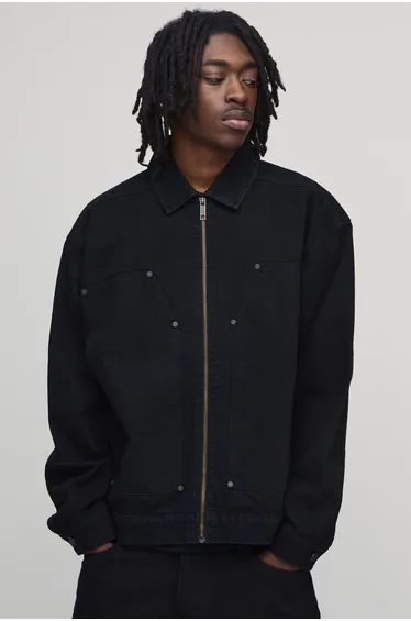 Carpenter Zip Up Co-Ord Denim Jacket - true black