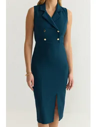 Petrol Body-hugging Jacket Collar Midi Woven Dress - 2