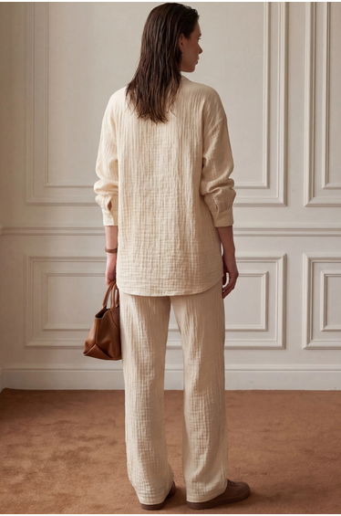 MY FASHION V-Neck Blouse & Wide Leg Pants Muslin Two-Piece Set product thumbnail 4