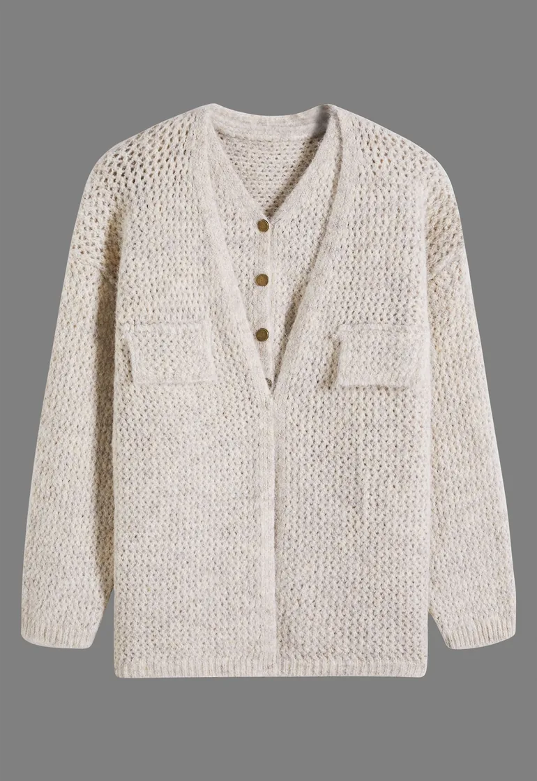 Fuzzy Pointelle Knit Buttoned Vest and Cardigan Set in Ivory - 1