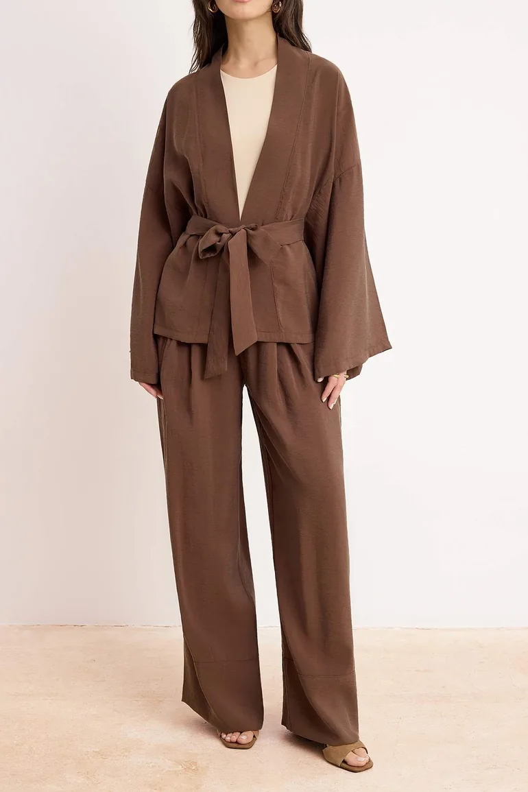 Brown Oversize Linen Aerobin Plain Woven Hijab Bottom - Top Set - 3