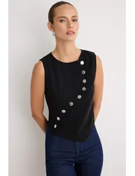 Black Plain Asymmetric Detailed Buttoned Fitted/Bodycon Knitted Blouse - 1