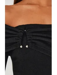 Black Heavy Brushed Rib Bardot Trim Maxi Dress - 3