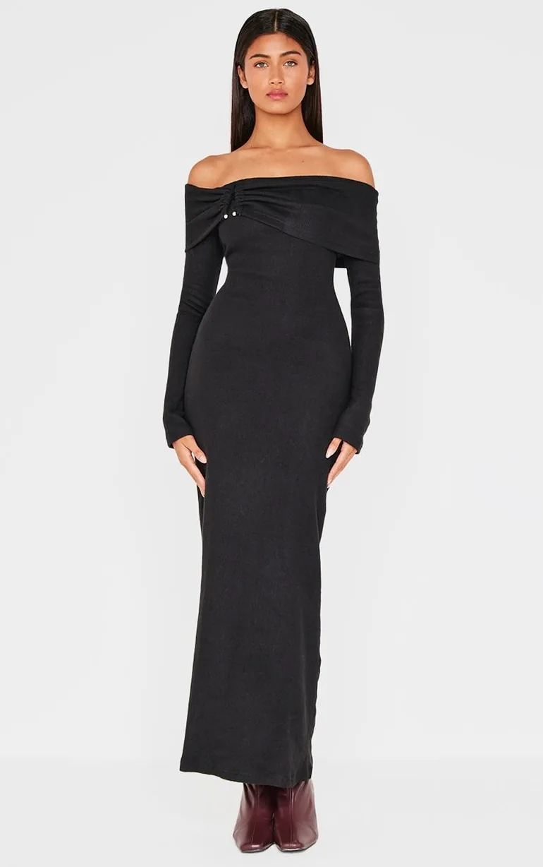 Black Heavy Brushed Rib Bardot Trim Maxi Dress - 5