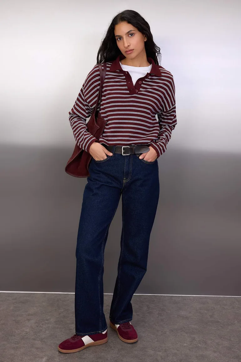 Wardrobe Essentials Plum Premium Yarn/Special Yarn Wide Pattern Striped Knitwear Sweater
