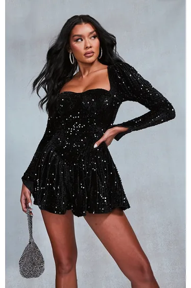 Black Sequin Cup Detail Long Sleeve Skater Playsuit
