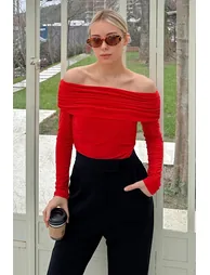 Red Fels Draped Madonna Neck Open Shoulder Women's Blouse