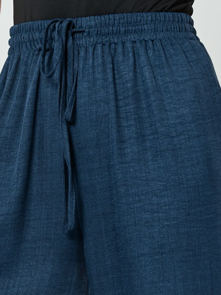 Navy Blue Wide Leg Linen Look Pants - 2