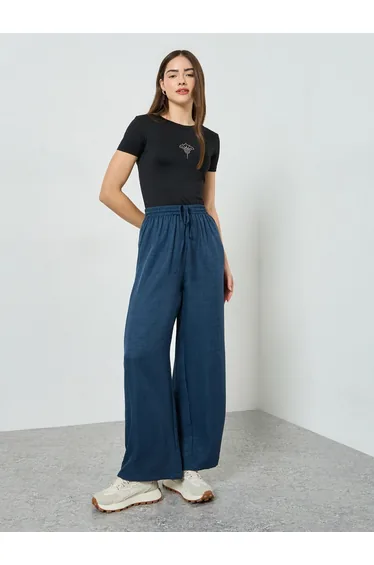 Navy Blue Wide Leg Linen Look Pants