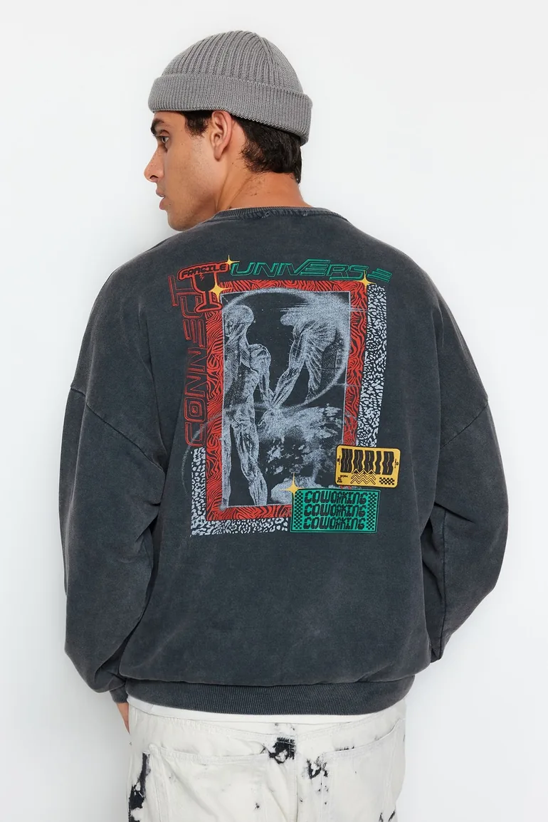 Anthracite Men's Oversize Washed Effect Cotton Sweatshirt with a Printed Back. - 2