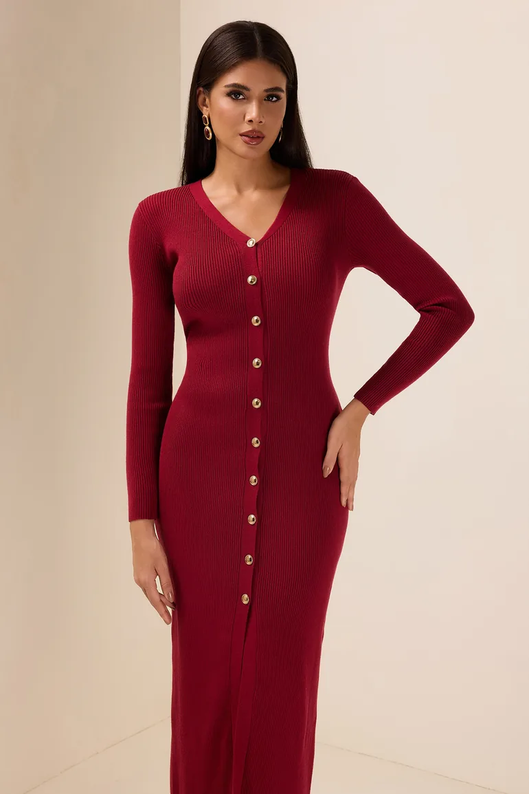 Raquel Knit Midi Dress in Maroon - 5