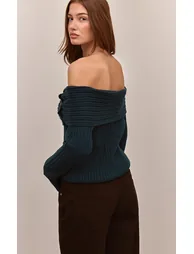 Teal Button Detail Ribbed Knit Bardot Jumper - 2