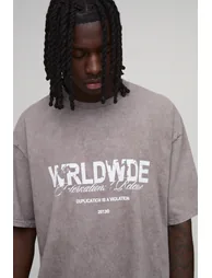 Snow Wash Taupe Oversized Worldwide Print T-Shirt - taupe - 2
