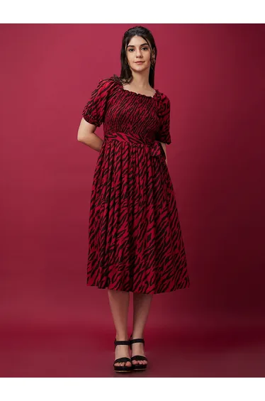 Women Zebra Print Smocked A-Line Midi Dress with Belted Waist